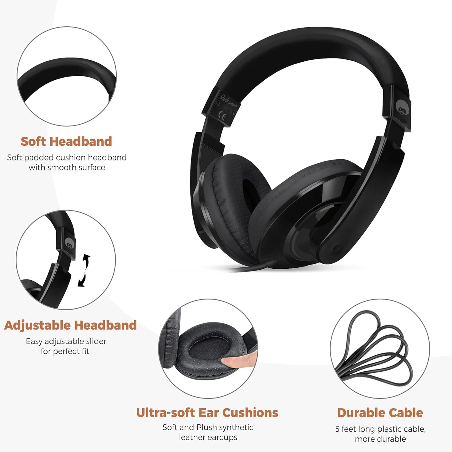 Comfort Kids Headphones for School, Lightweight Childrens Boys Girls Teens Over-Ear Headphones Wired 3.5Mm for CD DVD Player Tablet Phone Travel Black